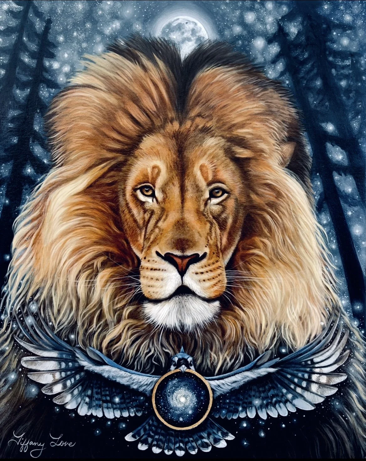 Lion with feathered wings and a cosmic pendant — painting by Tiffany Love